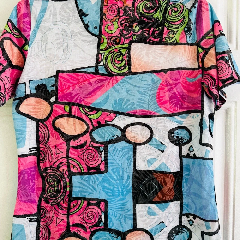 AZI NY Colorful Graphic Blue Pink Lightweight Blingy Tee Sz M - Picture 3 of 7